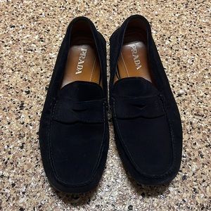 PRADA 2DD158 NAVY BLACK SUEDE  DRIVING MOCCASINS LOAFERS size 10.5